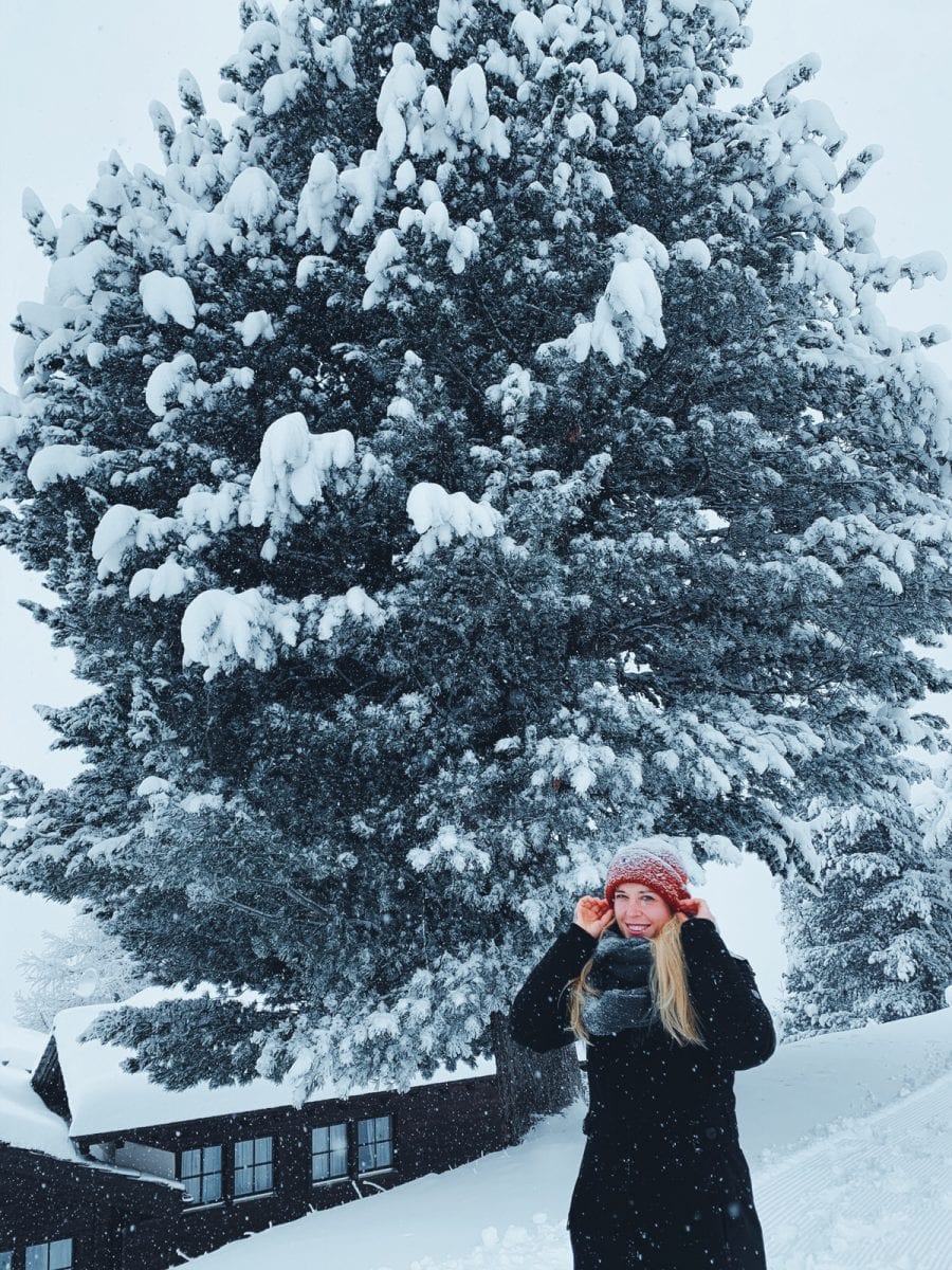 Miriam in Winterkleidung im Schnee vor einem großen Baum